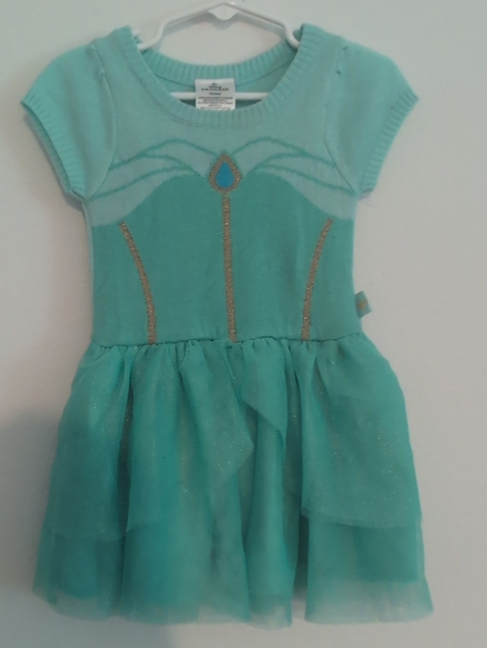 Disney Toddler Girls Jasmine Teal Glitter Tulle Short-Sleeve Sweater Dress